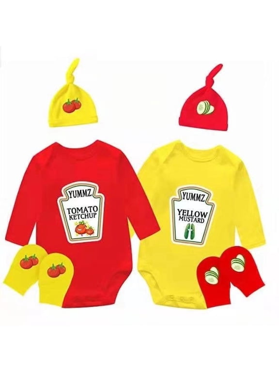 Baby Twins Bodysuit Gift Boy Clothing Yummz Ketchup Mustard Baby Shower Set Baby Hat with Gloves (7-9 months)