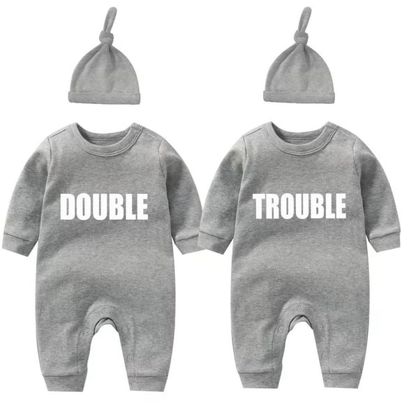 AOUYOA Baby Twins Bodysuits Double Trouble Newborn Baby Romper Infant Outfit Funny Clothes Set With Hat(4-6 months)
