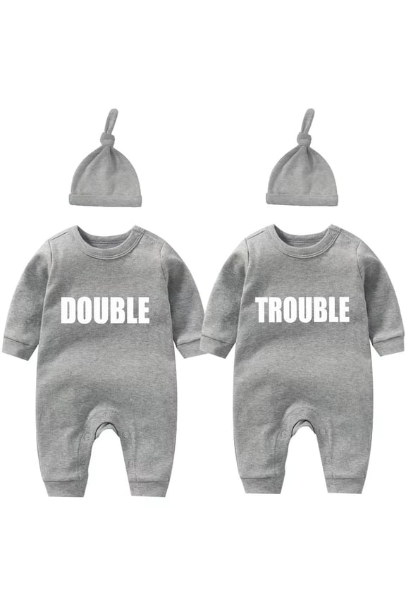 Baby Twins Bodysuits Double Trouble Newborn Baby Romper Infant Outfit Funny Clothes Set With Hat(4-6 months)