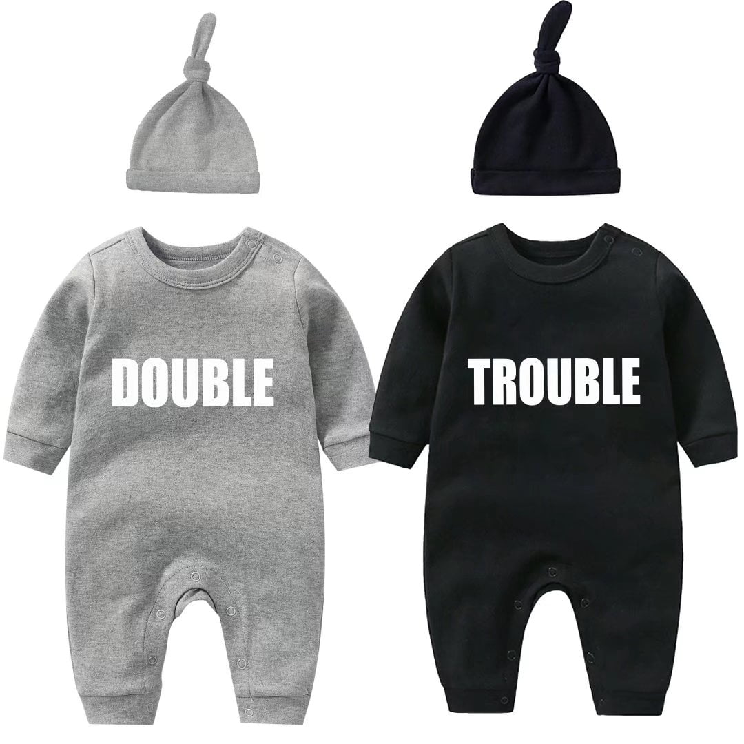 AOUYOA Baby Twins Bodysuits Newborn Baby Outfit Funny Double Trouble Clothing Set with hat
