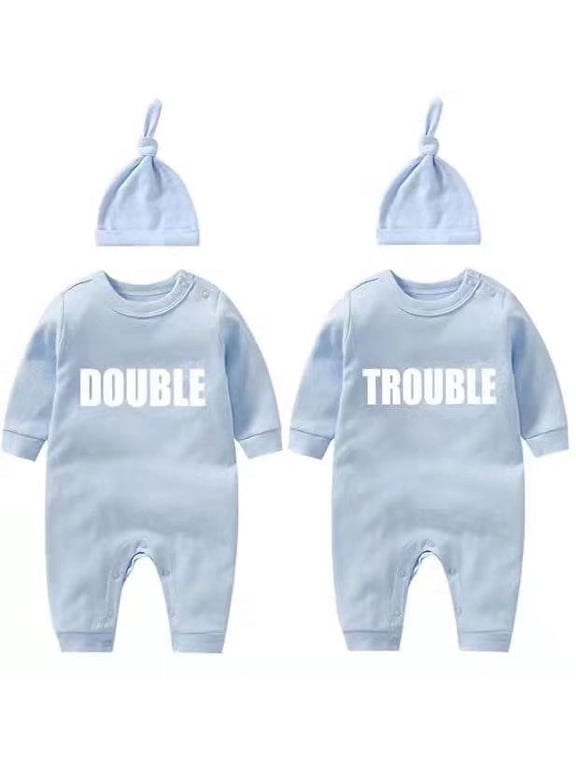 Baby Twins Bodysuits Newborn Baby Outfit Funny Double Trouble Clothing Set with hat