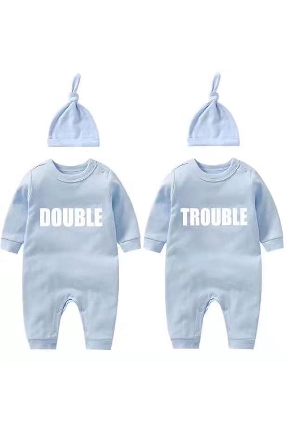 Baby Twins Bodysuits Newborn Baby Outfit Funny Double Trouble Clothing Set with hat