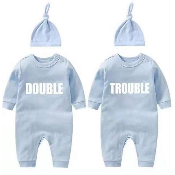 AOUYOA Baby Twins Bodysuits Newborn Baby Outfit Funny Double Trouble Clothing Set with hat