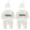 thumbnail image 1 of AOUYOA Baby Twins Bodysuits Newborn Baby Outfit Funny Double Trouble Clothing Set with hat, 1 of 4
