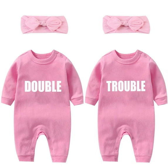 AOUYOA Baby Twins Bodysuits Newborn Baby Outfit with Hair Band Funny Double Trouble Clothing Set with Hat