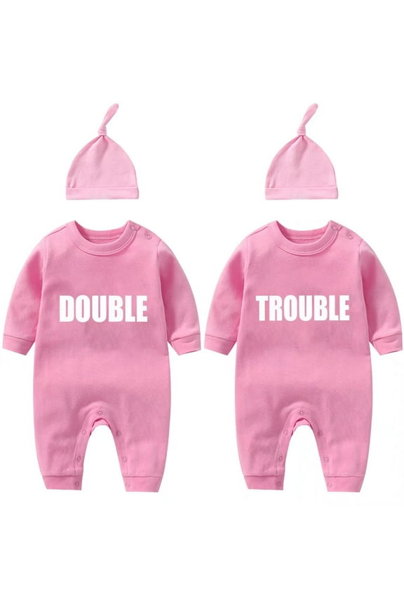 Baby Twins Bodysuits Newborn Baby Outfit with Hair Band Funny Double Trouble Clothing Set with Hat