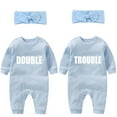 thumbnail image 1 of AOUYOA Baby Twins Bodysuits Newborn Baby Outfit with Hair Band Funny Double Trouble Clothing Set with Hat, 1 of 4