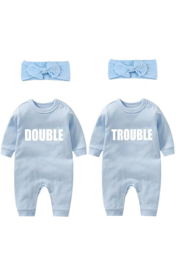 Baby Twins Bodysuits Newborn Baby Outfit with Hair Band Funny Double Trouble Clothing Set with Hat