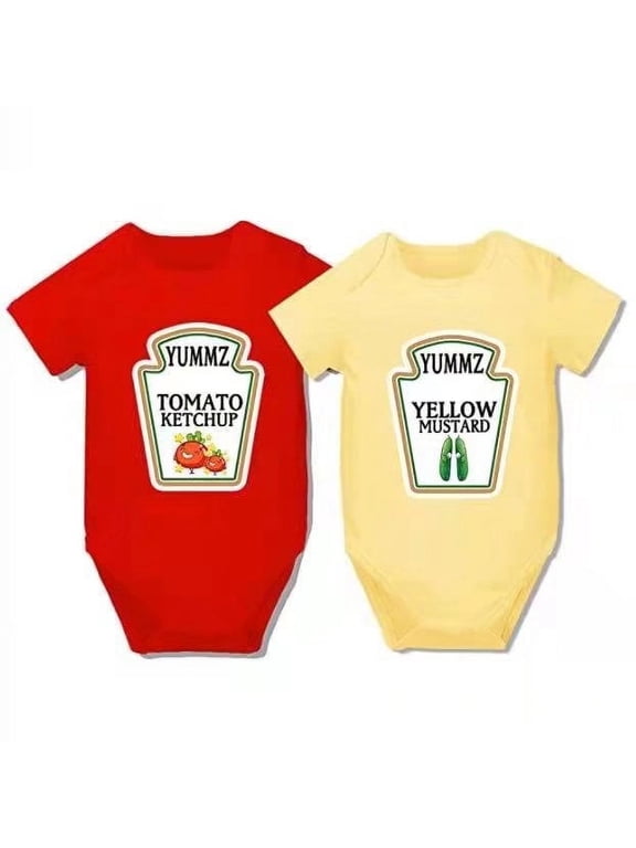 Baby Twins Bodysuits Yummz Ketchup Mustard Unisex Romper Infant Outfit Newborn Baby Jumpsuit(4-6 months)