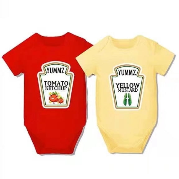 AOUYOA Baby Twins Bodysuits Yummz Ketchup Mustard Unisex Romper Infant Outfit Newborn Baby Jumpsuit(4-6 months)