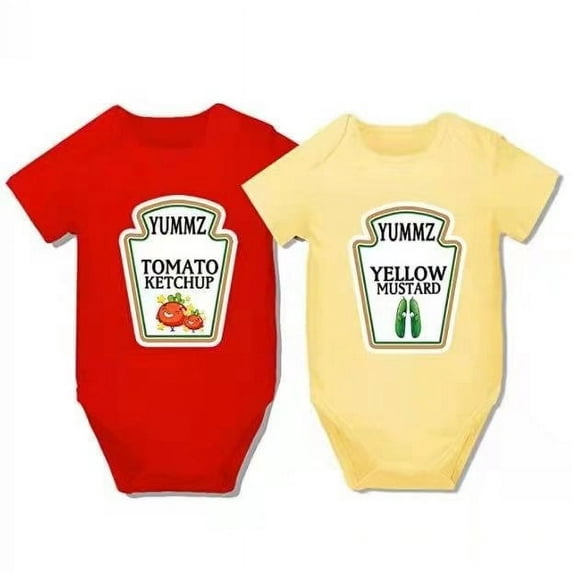 AOUYOA Baby Twins Bodysuits Yummz Ketchup Mustard Unisex Romper Infant Outfit Newborn Baby Jumpsuit(7-9 months)