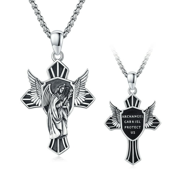 AOVEAO Angel GABRIEL Necklace Sterling Silver Cross Pendant Necklaces Christian Jewelry Birthday Xmas Gift for Women Men Mom Daughter Son