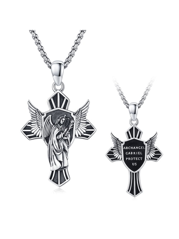 Angel GABRIEL Necklace Sterling Silver Cross Pendant Necklaces Christian Jewelry Birthday Xmas Gift for Women Men Mom Daughter Son