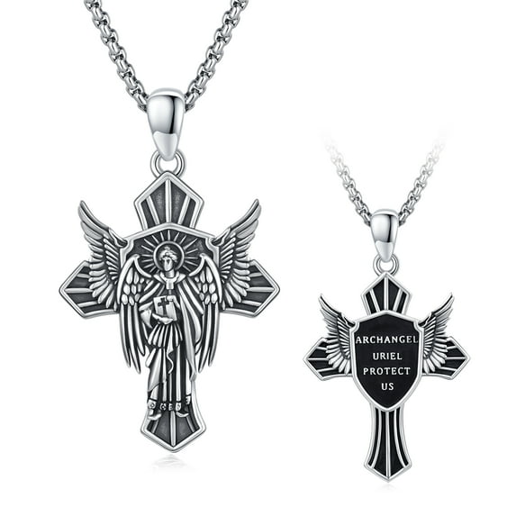 AOVEAO Angel URIEL Necklace Sterling Silver Cross Pendant Necklaces Christian Jewelry Birthday Xmas Gift for Women Men Mom Daughter Son