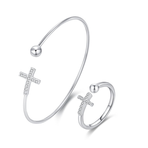 AOVEAO Cross Bangle Ring Sterling Silver Christian Faith Jewelry Birthday Gifts for Women Daughter Mom