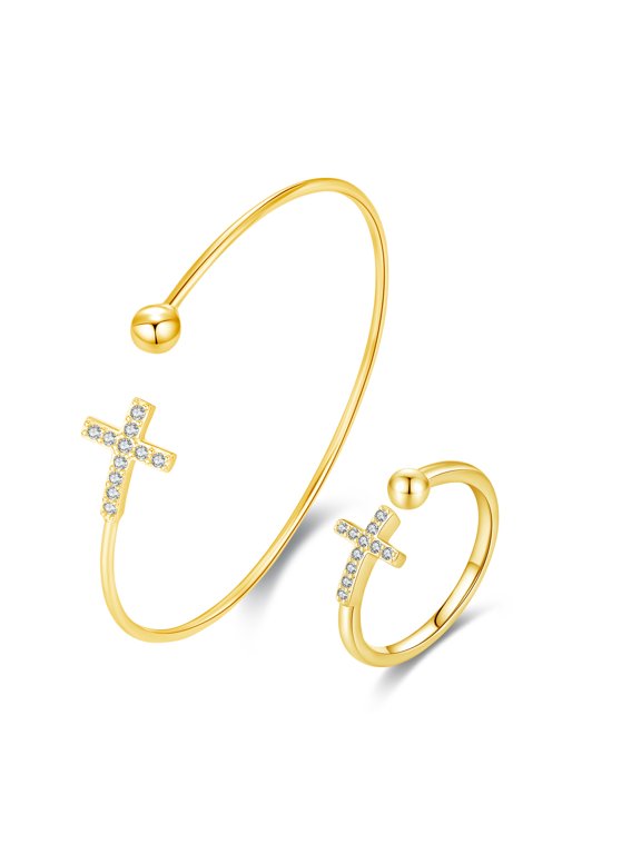 Cross Bangle Ring Sterling Silver Christian Faith Jewelry Birthday Gifts for Women Daughter Mom
