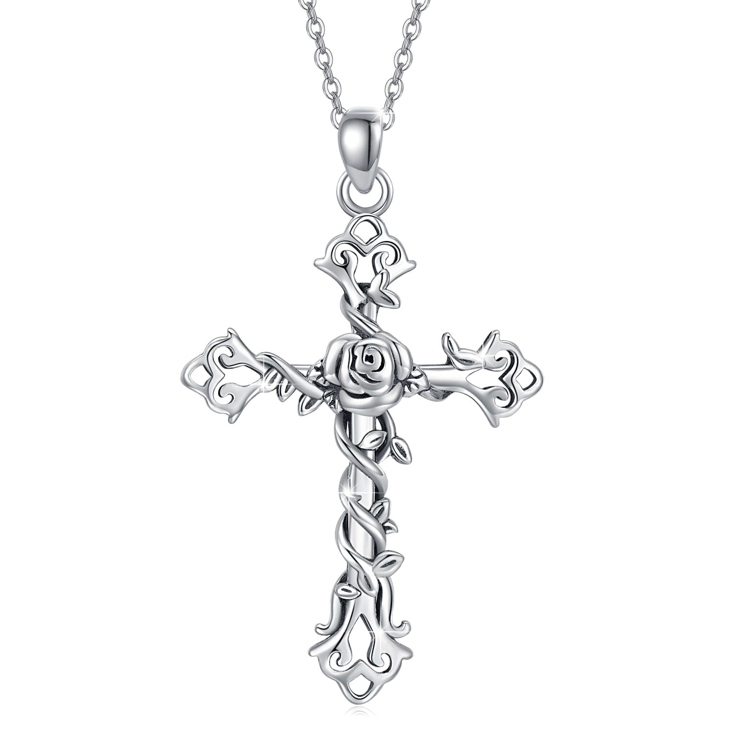 AOVEAO Cross Necklace 925 Sterling Silver Rose Pendant Mecklaces for Women Mom Daughter 18K White Gold Plated Cross Jewelry Birthday Mother's Day Gifts