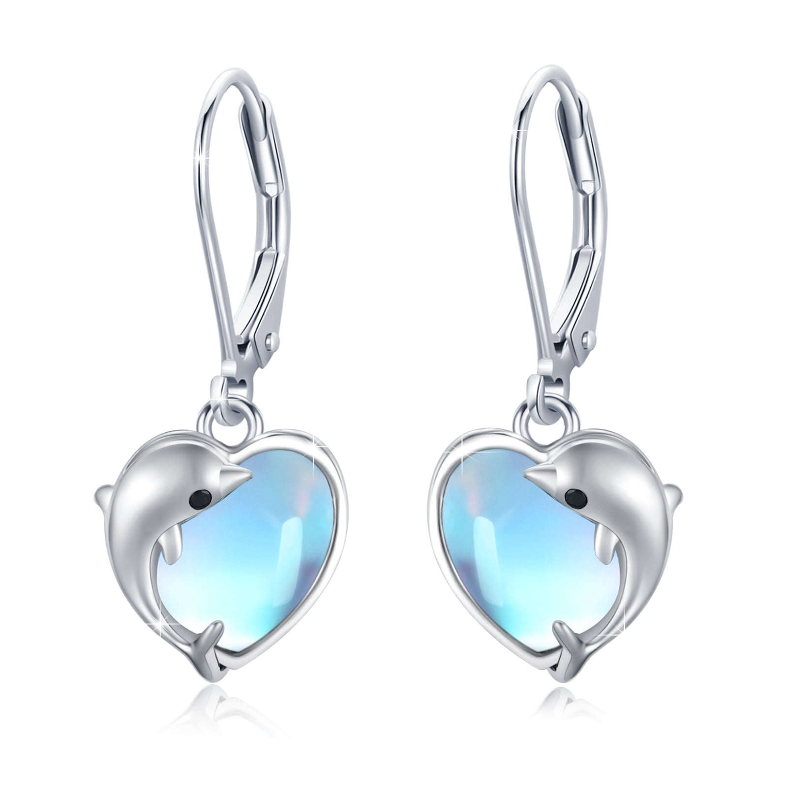 AOVEAO Dolphin Drop Dangle Earrings 925 Sterling Silver Lever Back Heart Moonstone Earrings Fashion Jewelry Birthday Xmas Gift for Women Daughter Niece Mom Wife