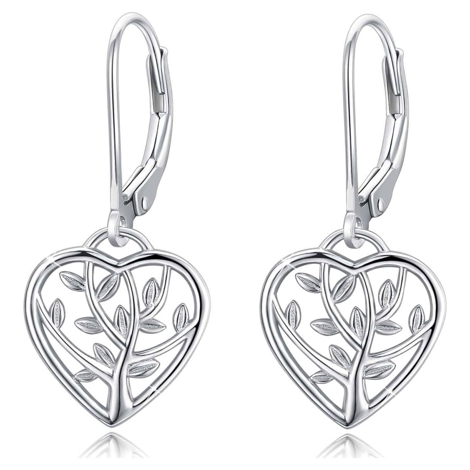 AOVEAO Heart Leverback Earrings 925 Sterling Silver Tree of Life Dangle Earrings 18K White Gold Plated Jewelry for Women Wife Mom Birthday Xmas Gift for Sensitive Ears