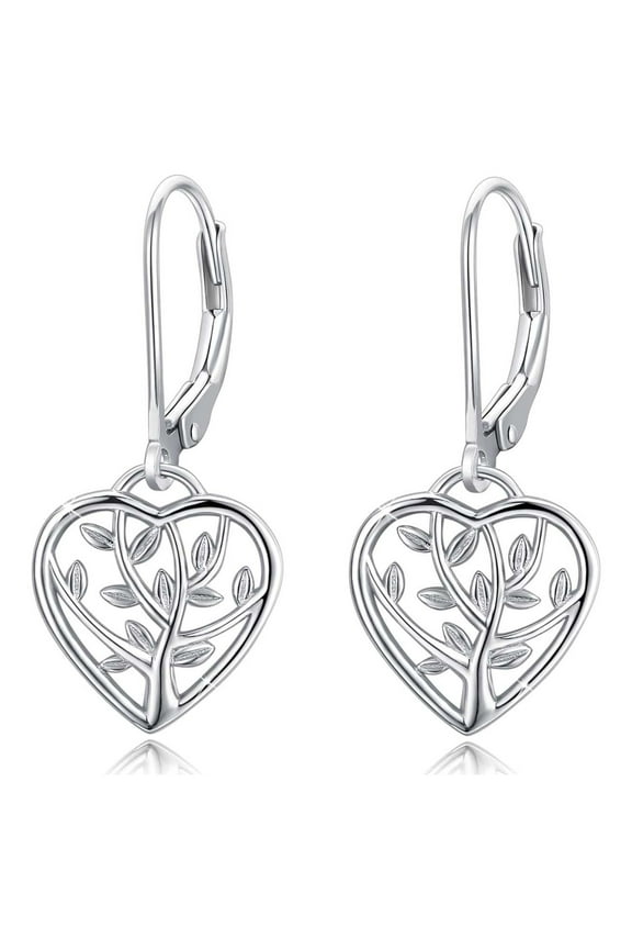 Heart Leverback Earrings 925 Sterling Silver Tree of Life Dangle Earrings 18K White Gold Plated Jewelry for Women Wife Mom Birthday Xmas Gift for Sensitive Ears