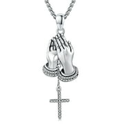 AOVEAO Praying Hands Necklace Sterling Silver The Lord's Prayer Necklaces Men Women Cross Pendant Necklace for Christian Jewelry Gift, 22"-24" Adjustable Chain