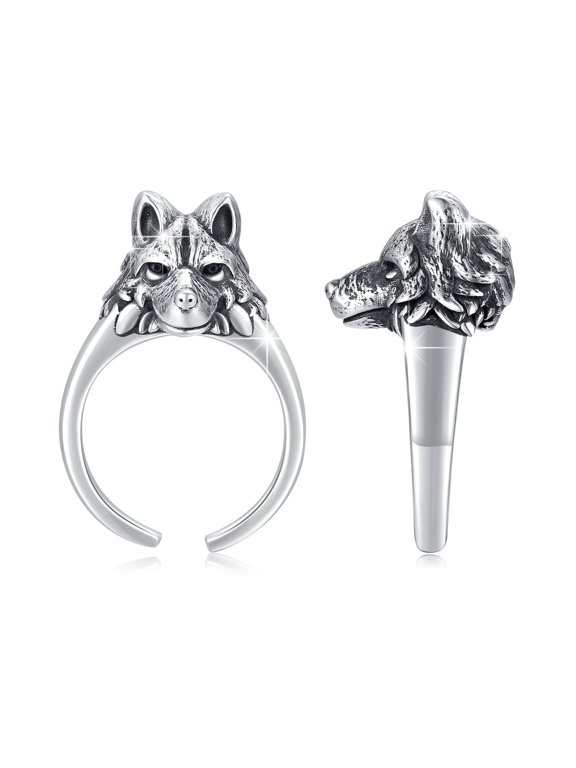 Wolf Ring 925 Sterling Silver Open Punk Adjustable Rings Birthday Xmas Gift Jewelry for Men Women Son Dad