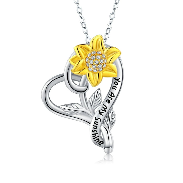 AOVEAO Sterling Silver Sunflower Necklace, Heart Pendant, Ideal