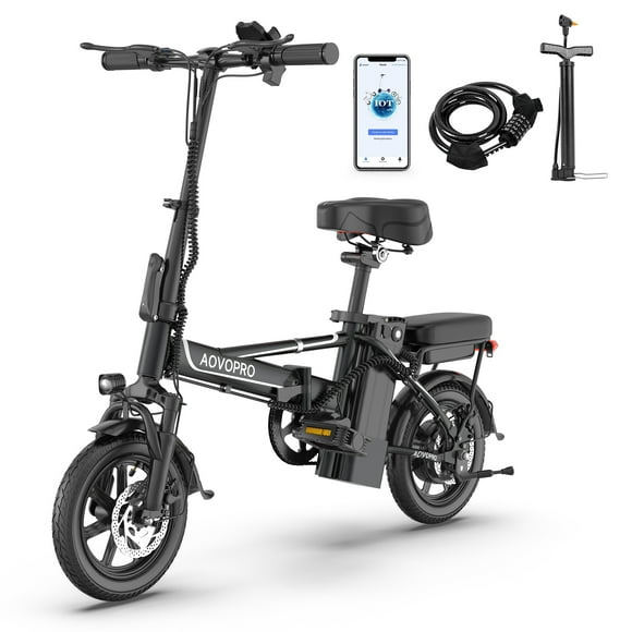 AOVOPRO EB60 Black Electric Bike 500W 48V, 14' Mini Ebike for City Commuter, Folding Electric Bicycle for Adult with Two Seats UL2849