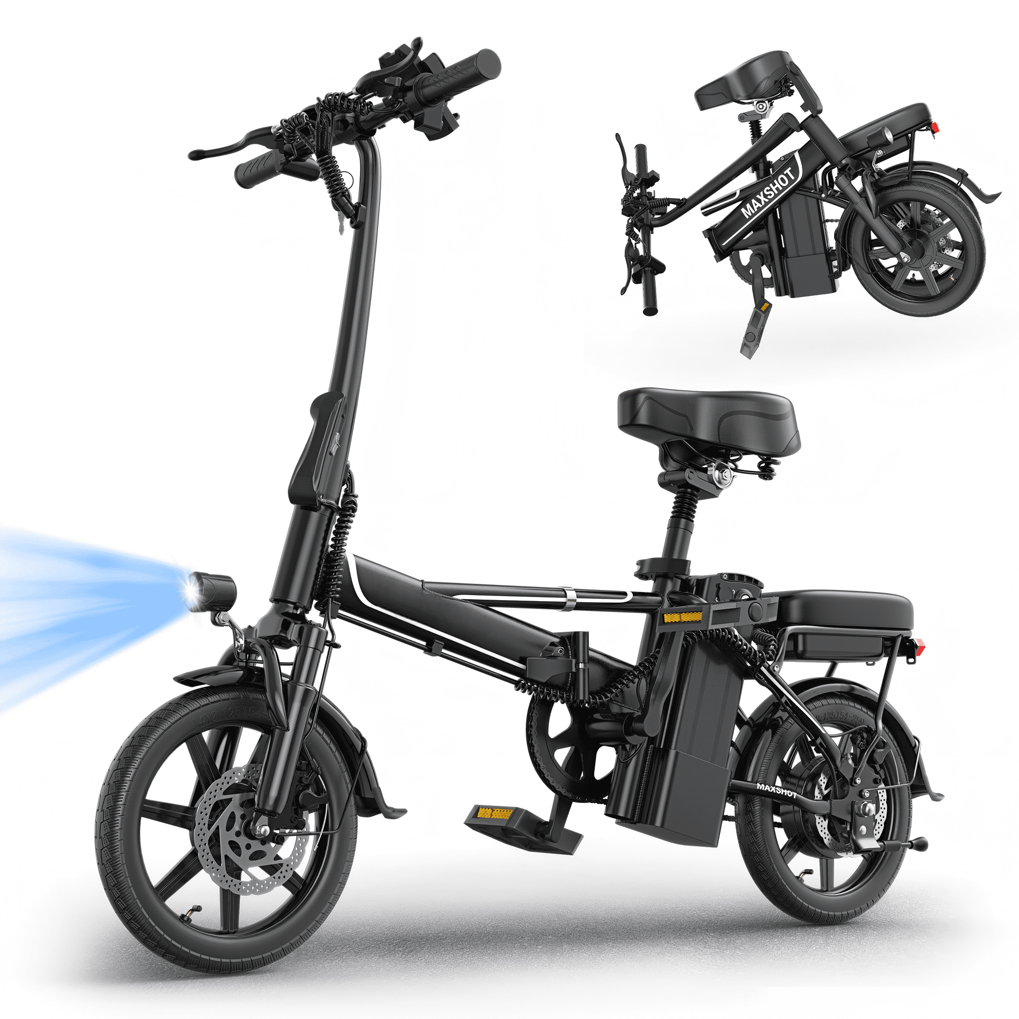 Electric Bike Black 500W 48V, 14' Mini Ebike for City Commuter, Folding Electric Bicycle for Adult with Two Seats UL2849
