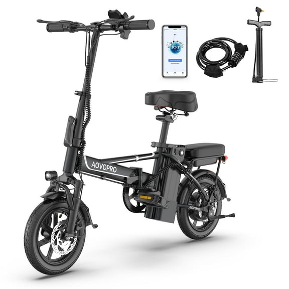 AOVOPRO EB60P Black Electric Bike 500W 48V 15.6Ah, 14' Mini Ebike for City Commuter, Folding Electric Bicycle for Adult with Two Seats UL2849