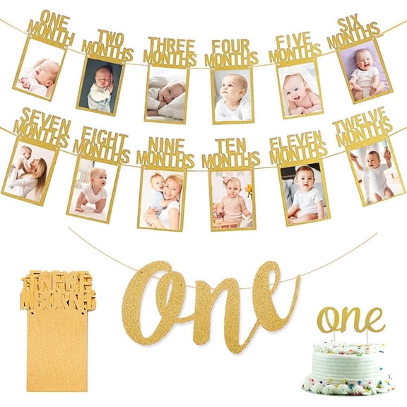 AOWEE 1st Birthday Baby Photo Banner for Newborn to 12 Months and Alphabet ONE Bunting, Alphabet ONE Cake Topper for Baby Show First Birthday Party Decoration (Gold)