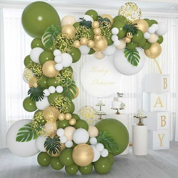 AOWEE Avocado Green Balloon Arch, Bohemian Theme Olive Green Balloon Wreath Decoration with Palm Leaves Confetti Balloon for Wedding Summer Party