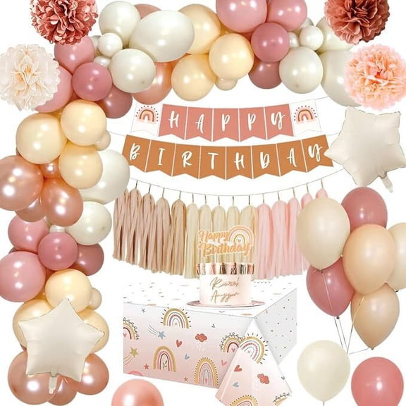 AOWEE Birthday Decoration Girls Boho, Retro Pink Birthday Decoration with Happy Birthday Banner, Balloon Garland Pink Beige for Girls Birthday, Baby Showa Birthday Decoration