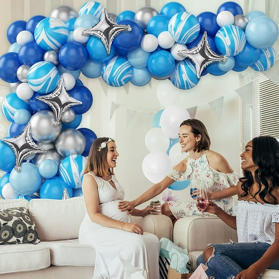 AOWEE Blue Balloon Garland Arch Kit, Navy Blue and Metallic Sliver Gray Agate Balloons with Silver Star Shaped Foil Balloons for Birthday Baby Shower Wedding Graduation Anniversary