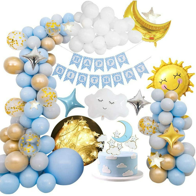 AOWEE Blue Birthday Party Decorations Boys, Blue White Gold Birthday  Balloons Garland Arch Kit with Fairy String Light for Boy 1st Birthday Baby