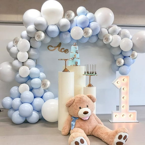 AOWEE Blue and White Balloons, Light Blue White Gray Silver Confetti Balloon Garland Arch Kit, Pastel Blue White Balloons for Baby Shower Birthday Wedding Party Decoration