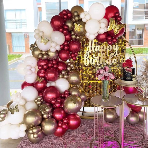 AOWEE Burgundy Gold Balloon Garland Kit, Wine Red Gold Birthday Balloon Garland White Balloon Arch, Claret Gold Balloon Decoration for Girl Birthday Baby Shower Wedding Decoration