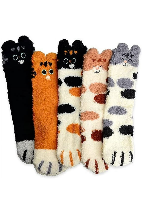 Cat Paw Socks, 5 Pairs Cat Claw Socks for Girls Women Cozy Fuzzy Cat Feet Socks for Winter
