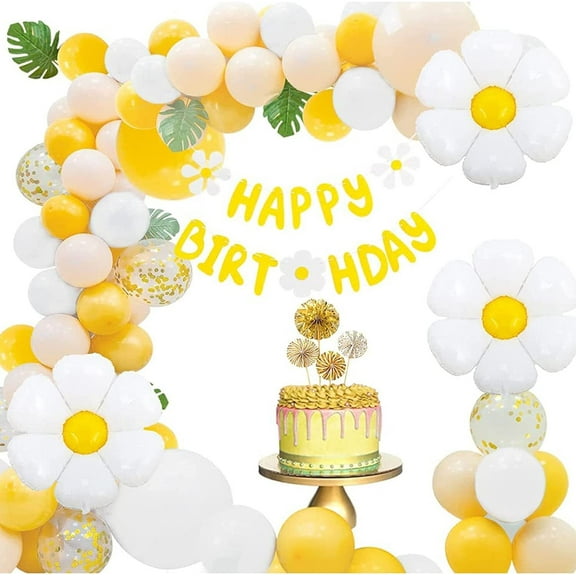 AOWEE Daisy Party Decorations, Two Groovy Party Supplies with Happy Birthday Flower Banner White and Yellow Daisy Balloons Garland Arch Kit for Girls Birthday Boho Hippie Baby Shower Bridal Shower