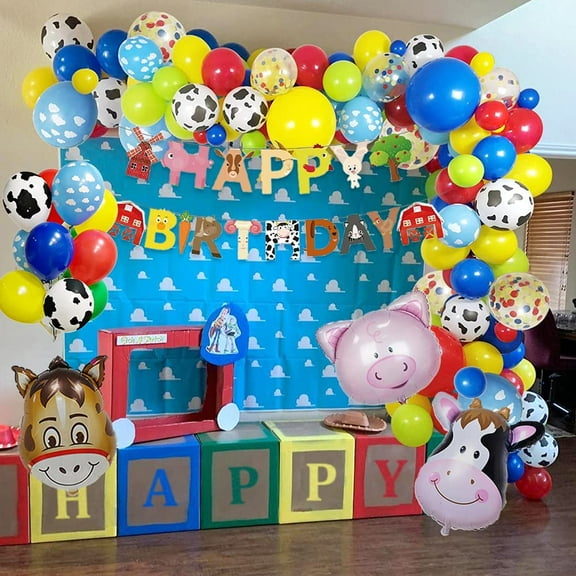 AOWEE Farm Animal Party Decorations, Farm Animals Balloons Arch Garland Kit with Farm Animals Cow Pig Hippo Foil Balloon, Red Yellow Blue Latex Balloons for Farm Theme Birthday Baby Shower Party