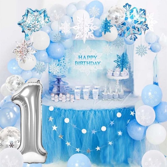 AOWEE Frozen Birthday Party Decoration Supplies, Blue White Ice Snow Balloon Garland Arch Kit with Snowflake Foil Balloon for Girl 1st Birthday Baby Shower