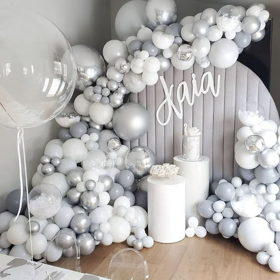 AOWEE Grey Balloon Arch, Pastel Grey White Silver Balloon Garland Arch Kit, Silver and White Balloon Decorations for Wedding Bridal Engagement Birthday Baby Shower New Year Winter Wonderland Party
