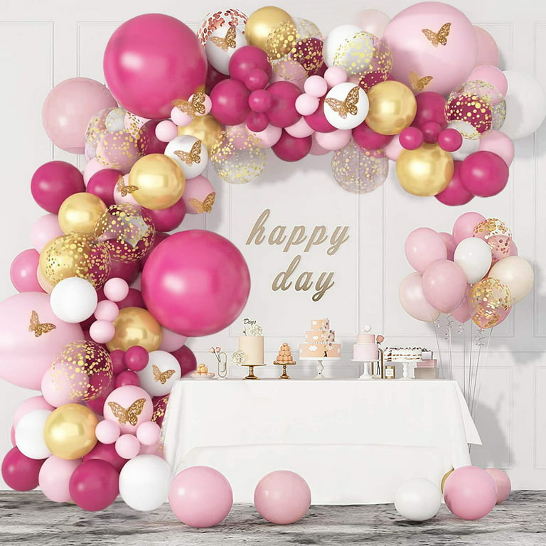 EUFARS Hot Pink Birthday Party Decorations for Girls, Hot Pink Rose Gold Metallic Cofetti Balloons with Happy Birthday Banner Champagne Balloons for