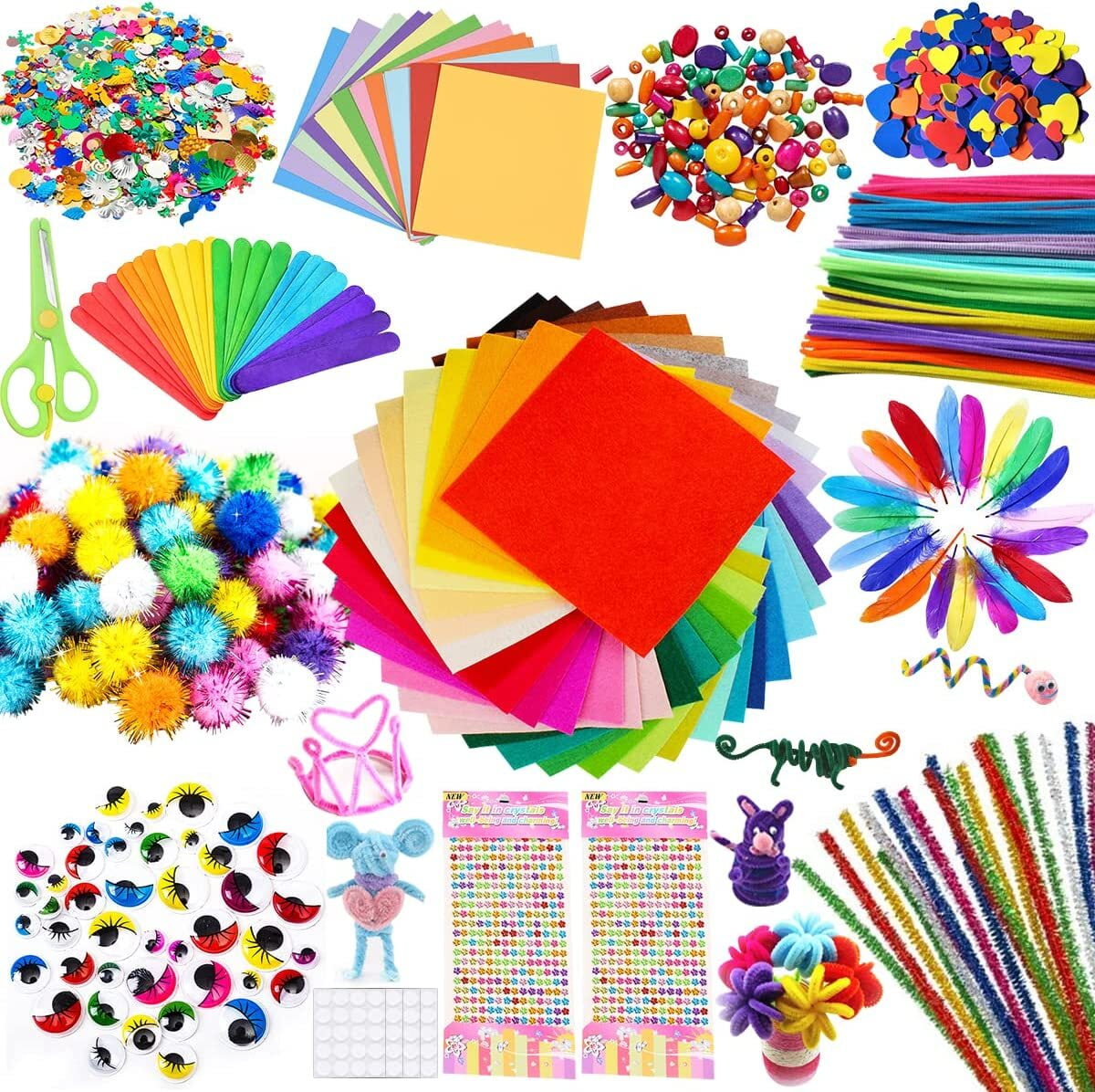 AOWEE Kids Art Craft Kit, Creative Craft DIY Art Supplies for Toddlers, Glitter Glue, Pom poms, Pipe Cleaners, Sequins, Felt, Wiggle Eyes, Feather for Kids Birthday