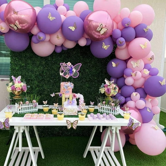 AOWEE Macaron Purple Pink Balloon Arch Garland Kit, Purple Rose Red Party Balloons with Gold Butterfly Decoration for Pink Purple Birthday Wedding Party Bridal Baby Shower