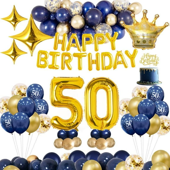 AOWEE Night Blue Party Decorations, Royal Blue Gold Balloon Garland Arch Kit with Happy Birthday Banner Confetti Balloons Star Crown Foil Balloons for Women Men 50th Birthday Anniversary