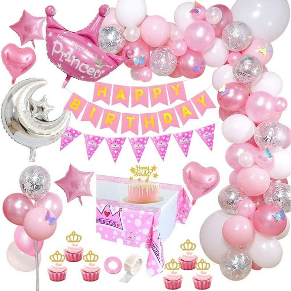 AOWEE Princess Pink Birthday Decoration Set, Pink White Balloons Arch with Princess Crown DIY Cake Topper for Baby Shower Princess Party
