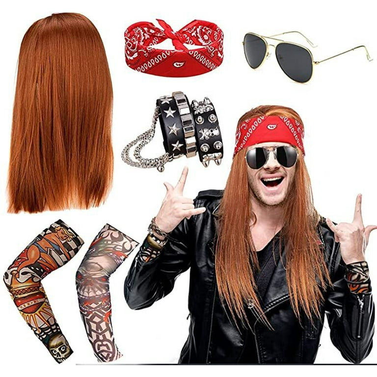 AOWEE Rockstar Fancy Dress 70s 80s Heavy Metal Disco Costume Accessories, Polished Cross Pendant Necklace Long Curly Hat Sunglasses Wig Black Rocker