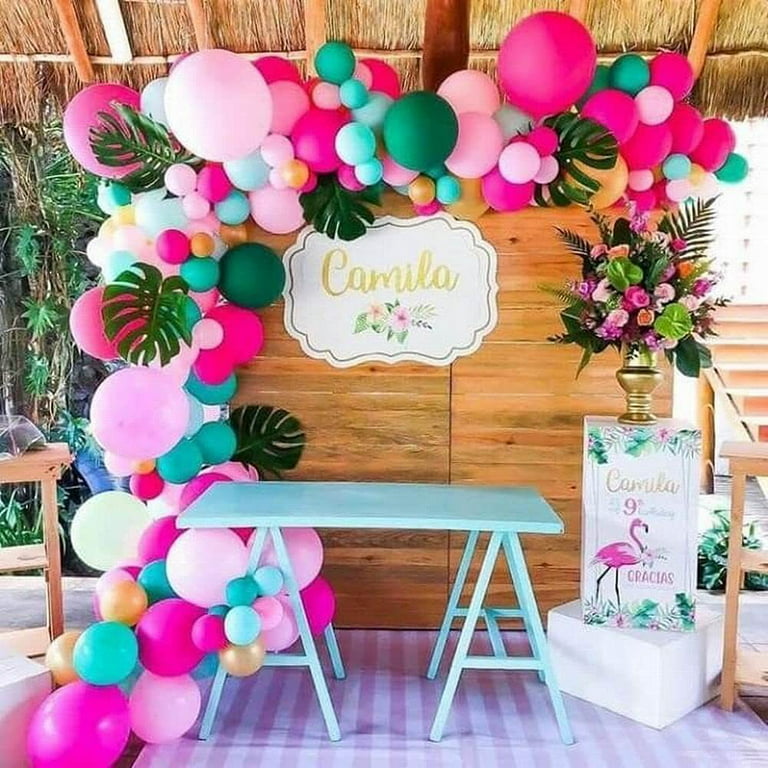 AOWEE Tropical Luau Balloons Arch Kit, Pink Green Yellow Blue Garland Kit  with Palm Leaves for Tropical Hawaii Flamingo Moana Aloha Beach Themed  Birthday Baby Shower Party 