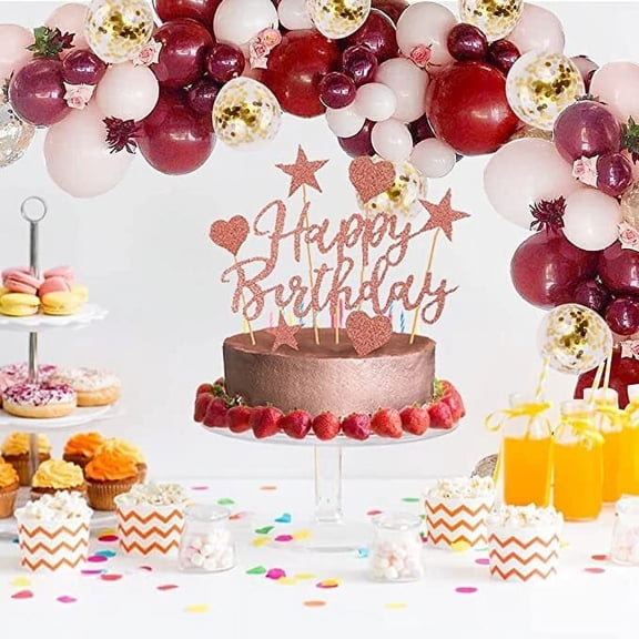 AOWEE Women 30th Birthday Burgundy Pink Balloon Garland, Wine Red Blush Balloon Decoration with Heart Foil Balloon Banner Cake Topper for 30th Birthday Anniversary Bridal Shower